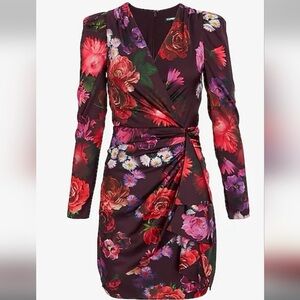 BLOGGER FAVE Express Satin Floral V Neck Puff Sleeve Dress SZ 4